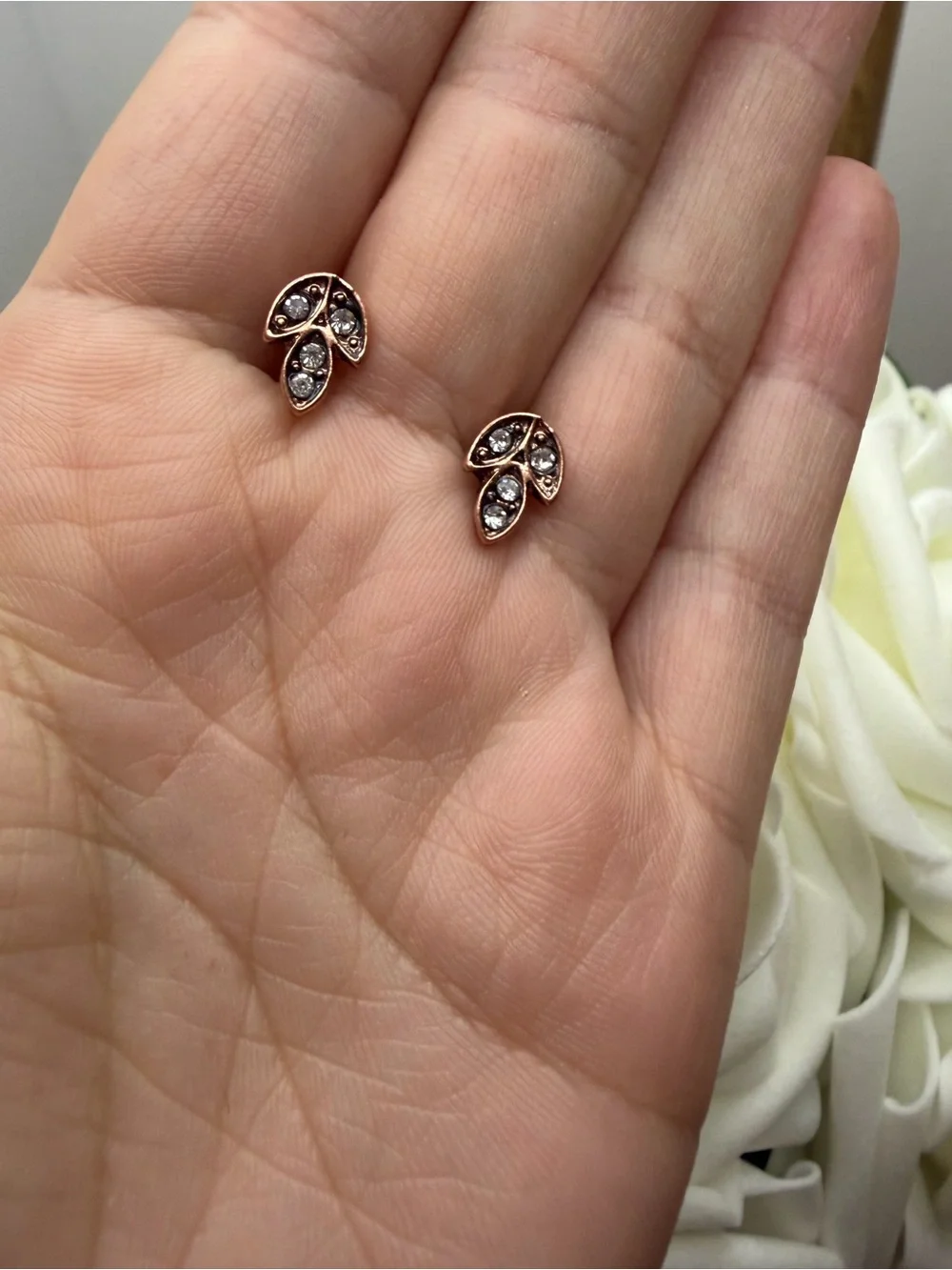 Rose Gold Leaf Crystal Stud Earrings - Unbranded